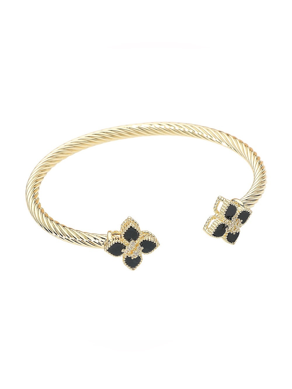 14K Gold Plated CZ Center Floral Tip Twisted Cuff Bracelet with Black Clovers
